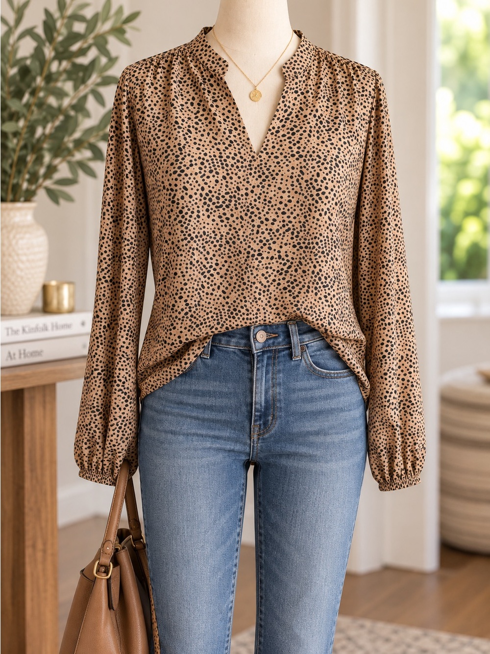 Leopard Print V-Neck Blouse in Tan